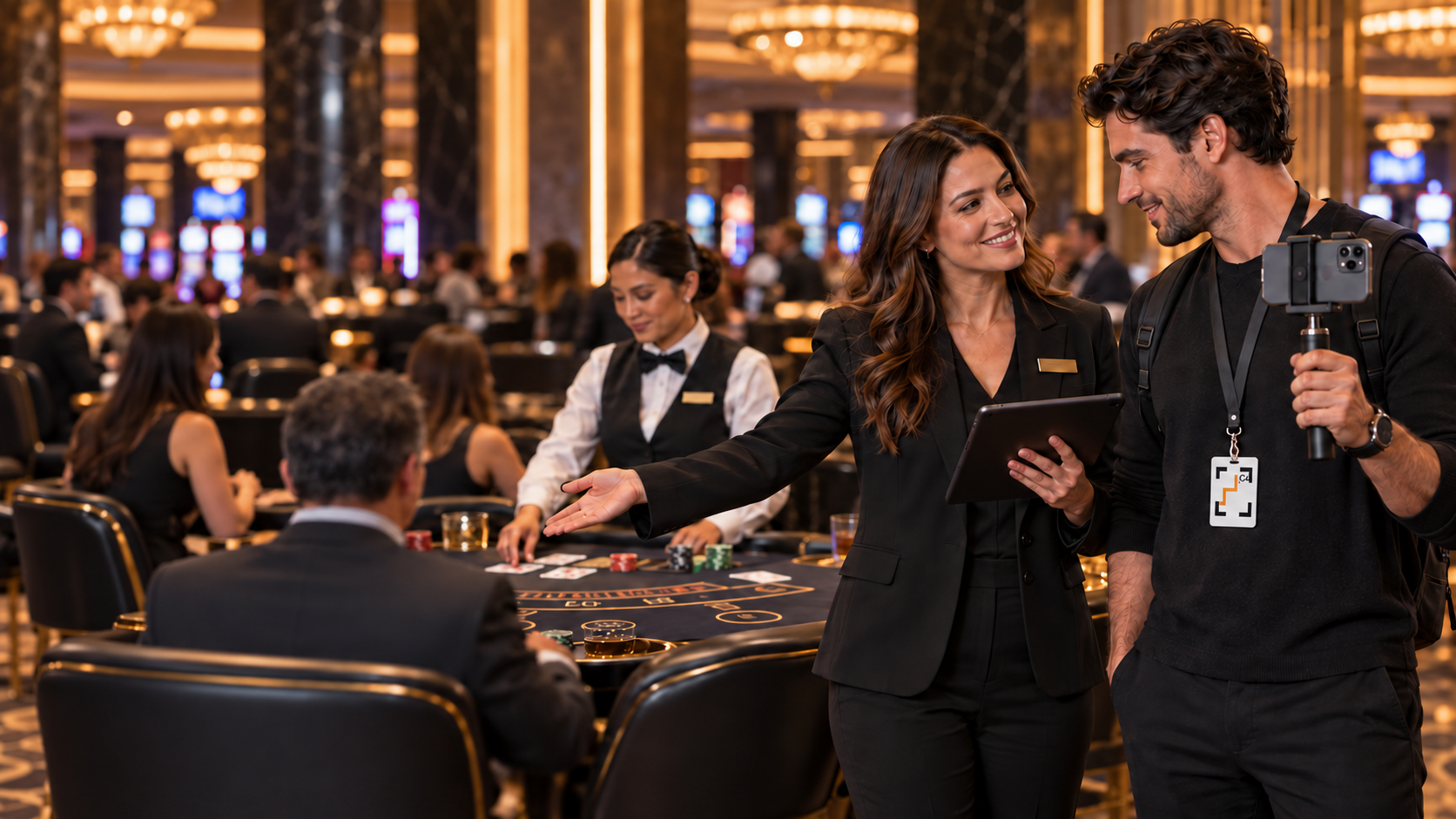 A casino content creator discussing filming with a property representative.