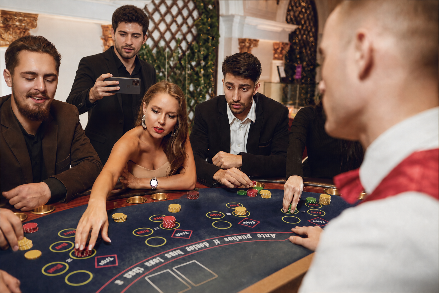 Casino staff and a creator reviewing filming arrangements on a tablet.